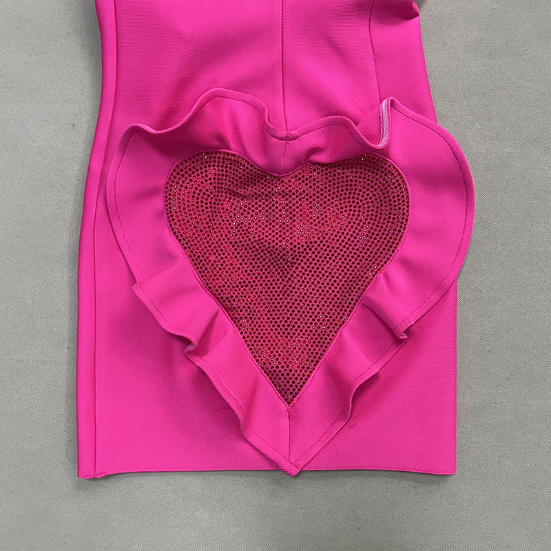 2023 Fashion Trends | 3D Floral Ruffles Hot Pink Diamond Rhinestones Mini Dress