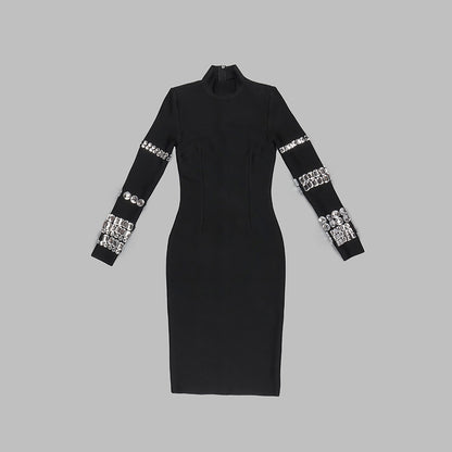 Elegant Dresses | Turtleneck Rhinestone Black Dress