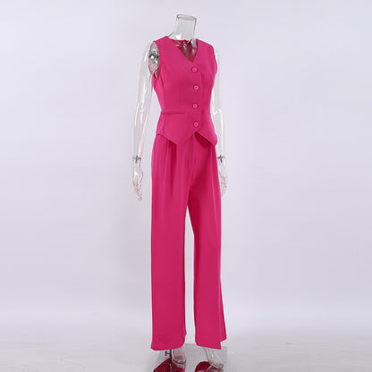 Summer Outfits | Hot Pink Vest Wide Leg Trousers Outfits 2-piece Set