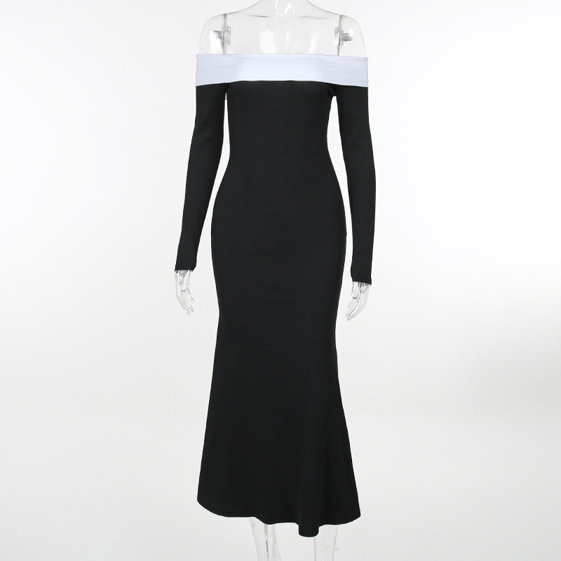 Winter Formal Dresses | Elegant White Contrack Off Shoulder Black Dress