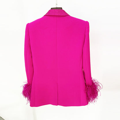Fall 2023 Fashion Trends | Hot Pink Rhinestone and Feathers Aesthetic Blazer Pants Outfit