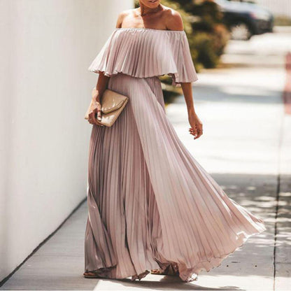 Spring Outfits 2023 | Hot Pink Aesthetic Chiffon Off Shoulder Maxi Dress