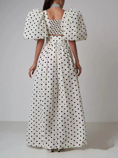 Fashion Trends 2023 | Polkadot Puff Sleeve Crop Top Skirt Outfit 2 piece Set