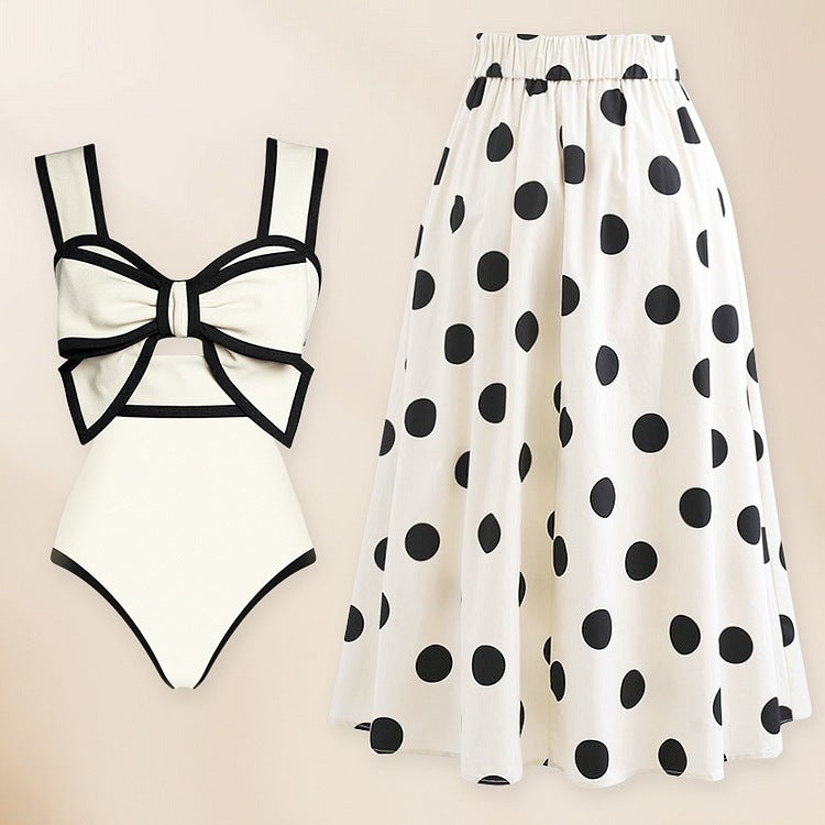 Summer Outfits | Classic White Black Bow One Piece Swimsuit Polka Dots Pants Outfit