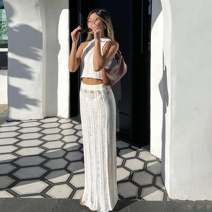 Vacation Outfits | See Through Crop Top Wide Leg Pants Beach Outfit 2-piece Set