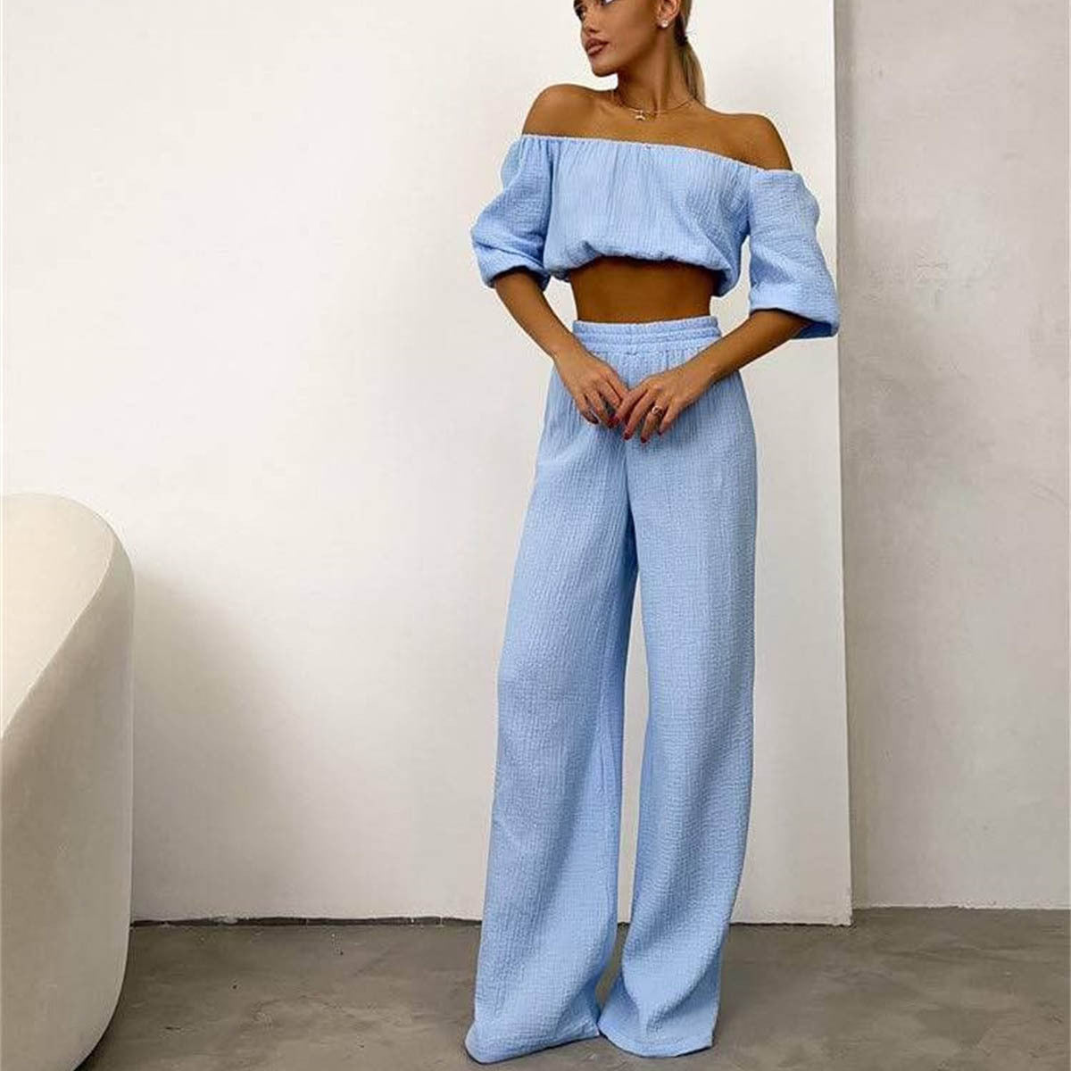 Crop Top & Trouser Set  Blue cotton dress, Contemporary outfits, Crop tops