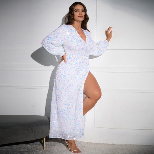 Plus Size Summer Outfits 2023 |  White Holographic Sequined Maxi Dress