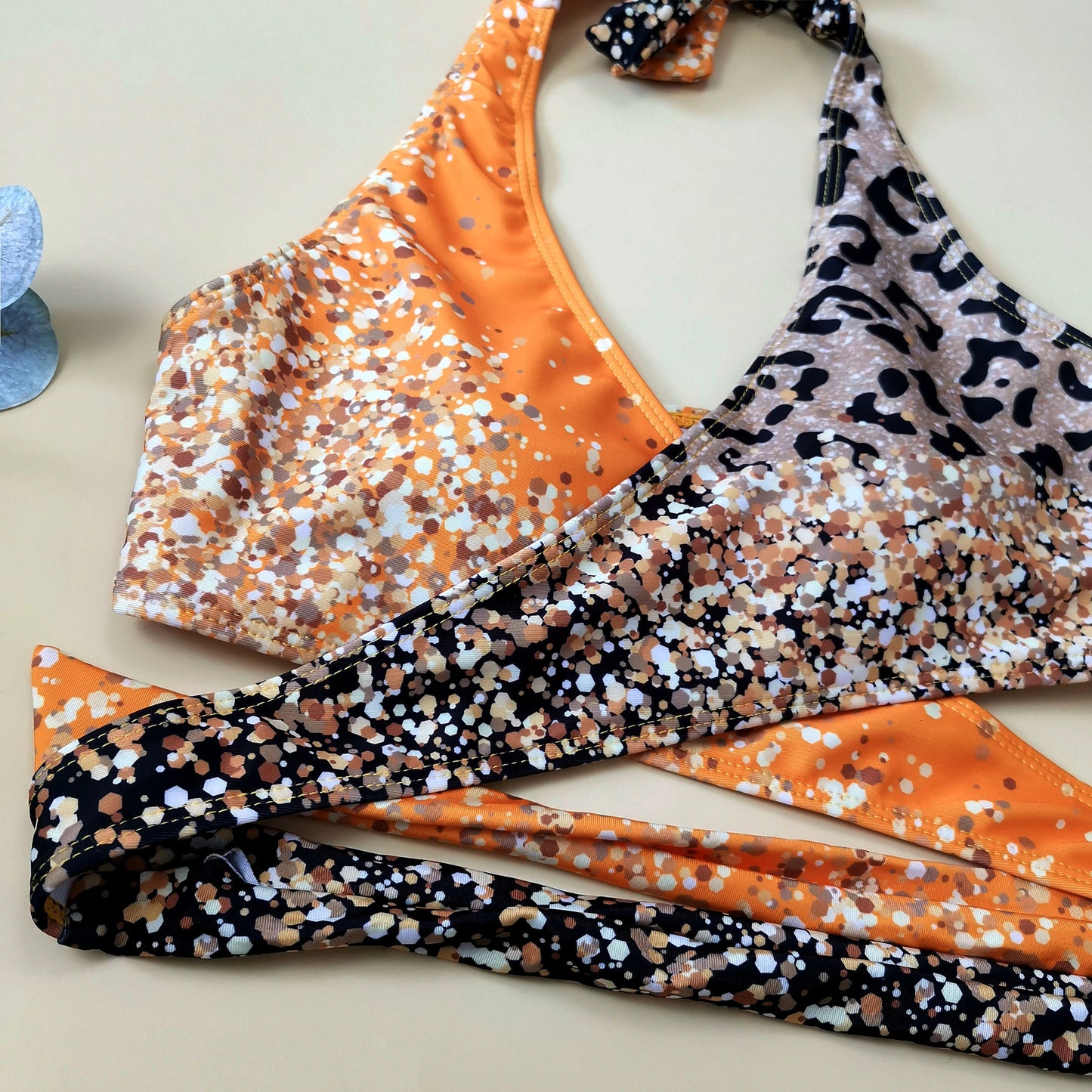 Summer Outfits | Gold Sequin Aesthetic CrissCross Leopard Print Gradient Bikini