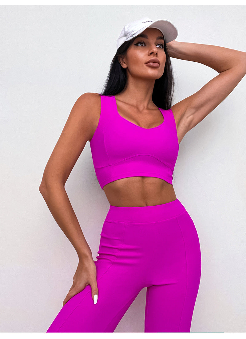 Gym Outfits 2023 | Neon Yellow Wide Shoulder Strap Sport Bra Crop Top Split Flared Leggins 2-piece outfit