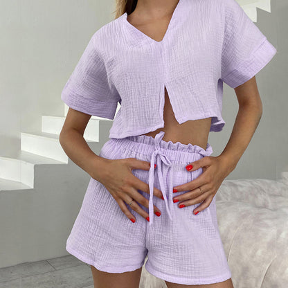 Spring Outfits 2024 | Lilac Lavender Cotton Shirt Shorts Outfit 2-piece Set