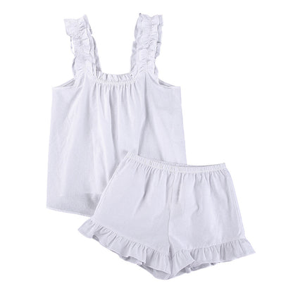 Summer Outfits 2022 |  White Ruffles Cotton Linen Outfit 2-piece Set