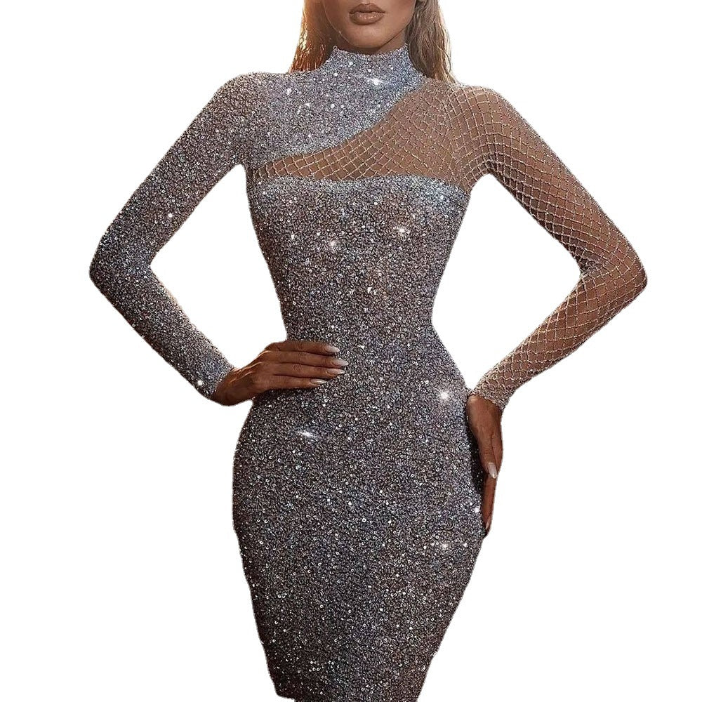 Evening Dresses | Cut Out Sleeve Silver Sequin Evening Gown