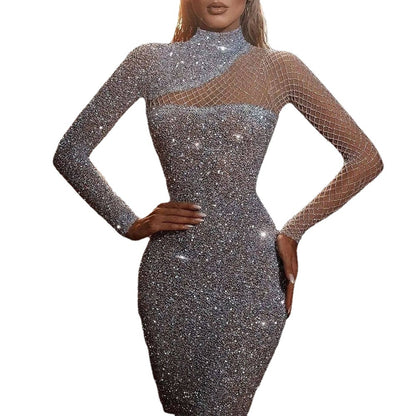 Evening Dresses | Cut Out Sleeve Silver Sequin Evening Gown