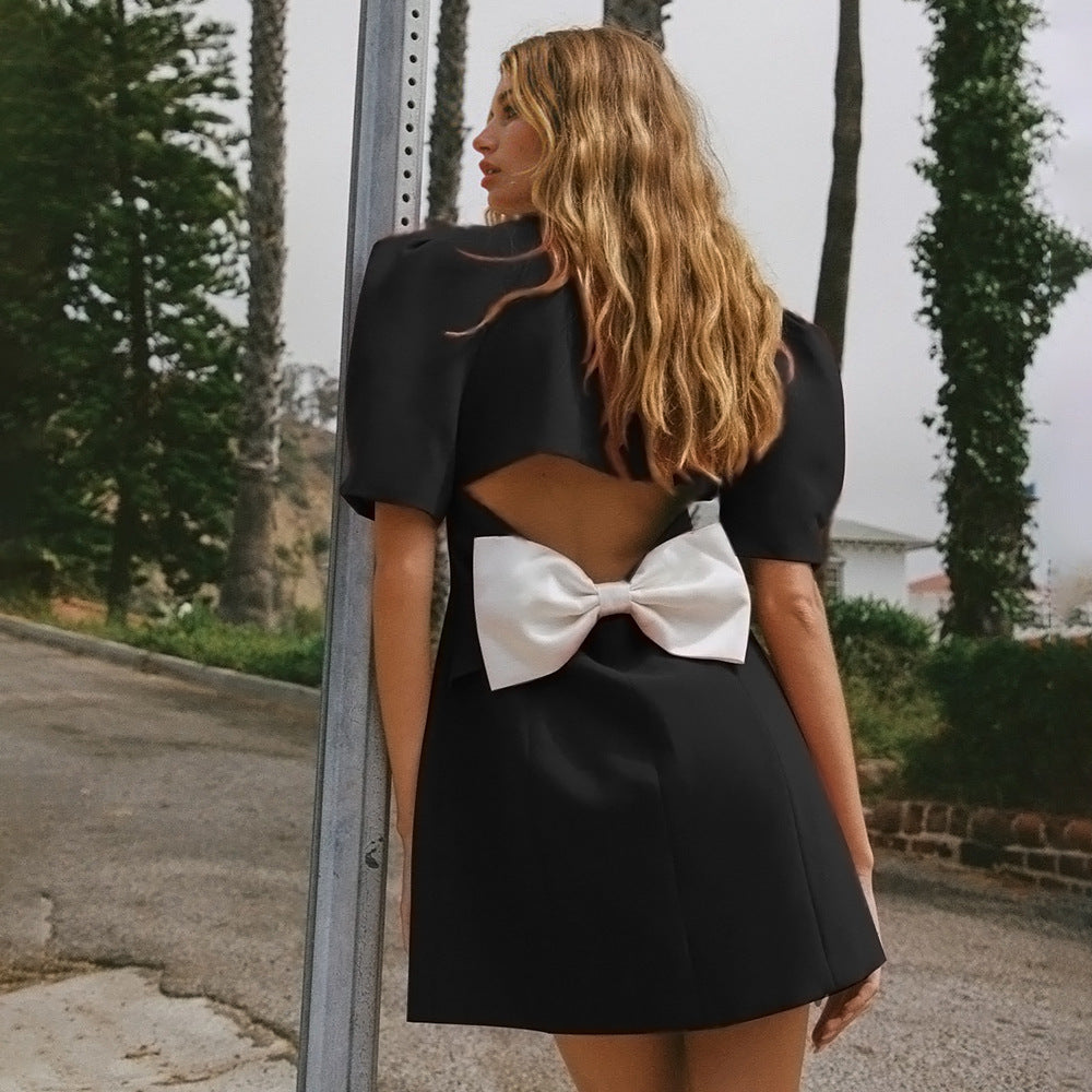 Fashion Outfits | Classic Collar Backless Bow Little Black Mini Dress