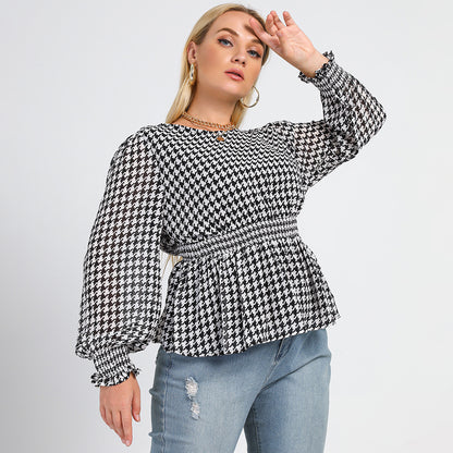2023 Curvy Fashion | Black and White Houndstooth Blouse