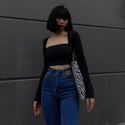 WHATOWEAR Winter Outfits | Jersey Square Crop Top L / Black