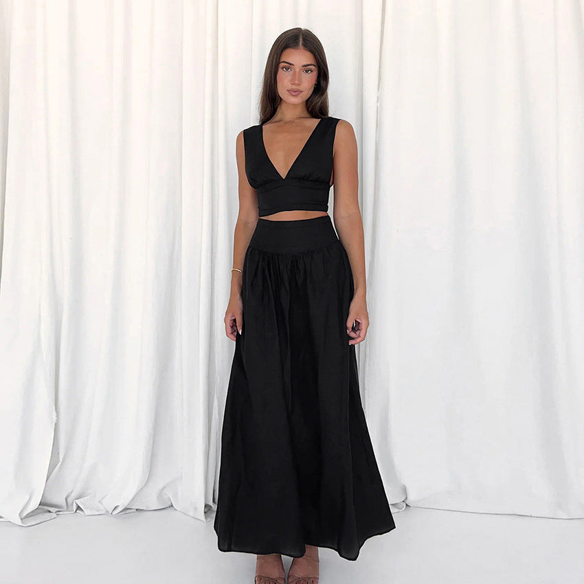 Spring Outfits 2024 | Black Backless Sleeveless Cotton Crop Top Skirt Outfit 2-piece Set