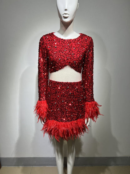 Christmas Outfits | Red Sequin Feathers Crop Top Skirt Outfit 2-piece Set