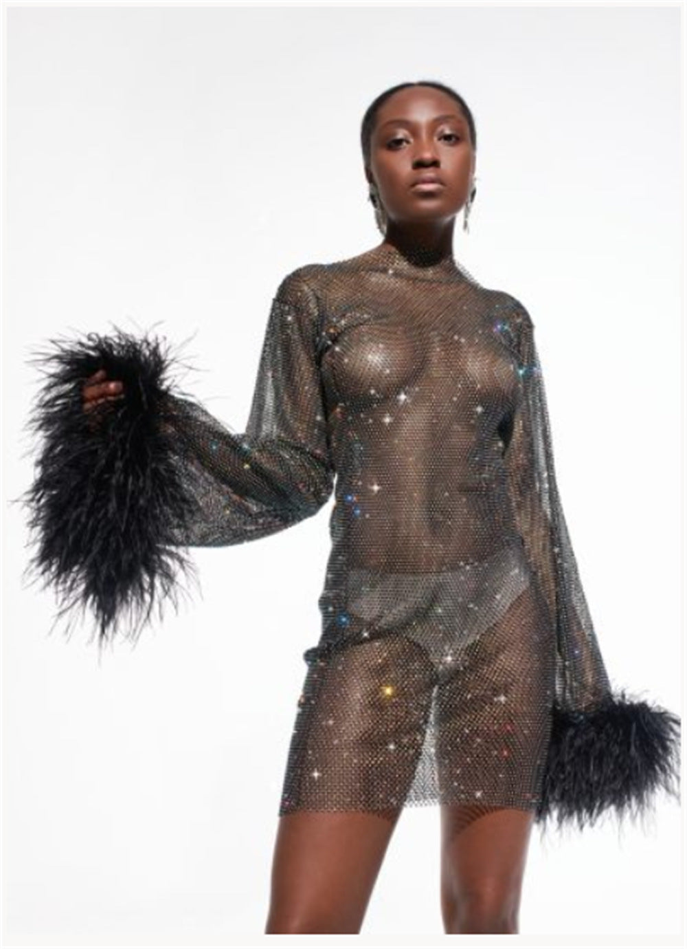 Rhinestone Dresses | Glitter Feathers Rhinestones See Through Mini Dre TGC FASHION Rhinestone Dresses | Glitter Feathers Rhinestones See Through Mini Dre TGC FASHION