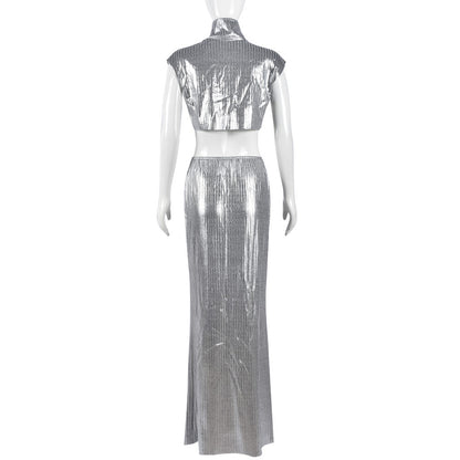 Y2K Fall Outfits | Metallic Silver Crop Top Skirt Outfit  2-piece Set