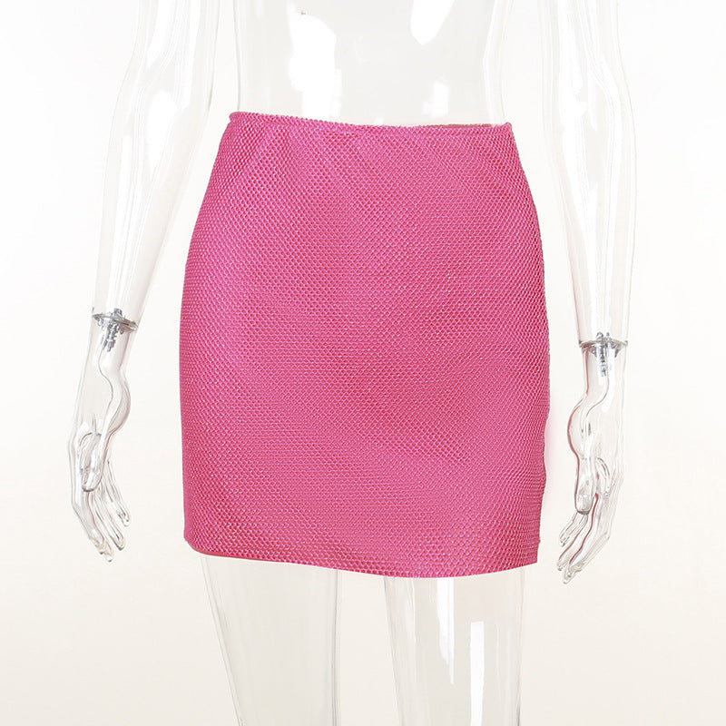 Festival Outfits | Hot Pink Long Sleeve Mesh Sequined Crop Top and Mini Skirt Glitter Outfit 2-piece Set
