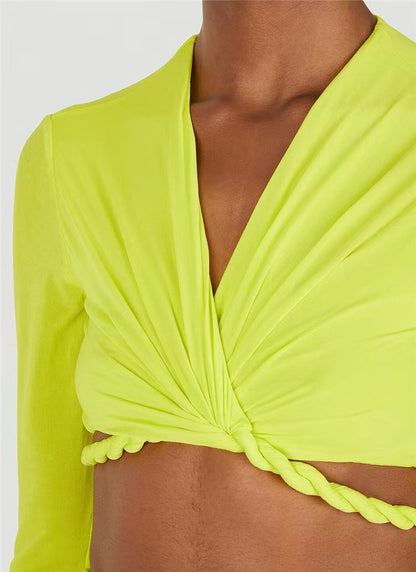 TGC Fashion Outfits | Neon Yellow Aesthetic Crop Top Skirt Outfit 2-piece Set
