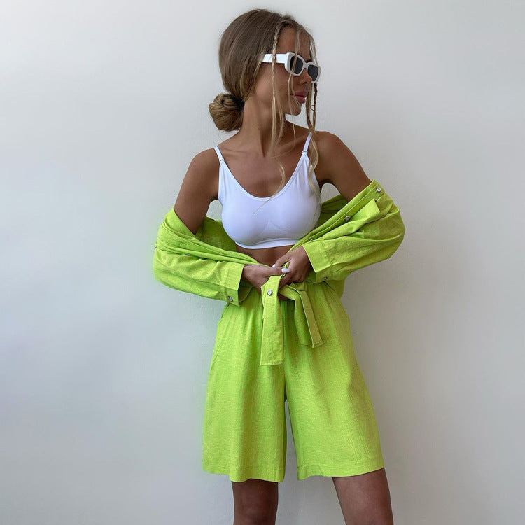 Cute Summer Outfits | TGC FASHION Aesthetic Cotton Summer Outfits Collared Shirt and High Waist Shorts 2-piece Set