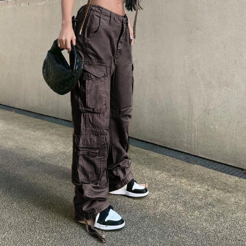 Y2K Outfits |  Cotton Beige Cargo Pants with Big Pockets Straight Denim Jeans