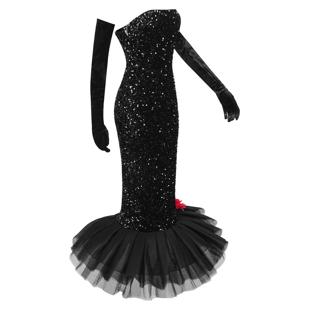 Elegant Dresses | 3D Winter Black Sequin Maxi Dress with Opera Gloves