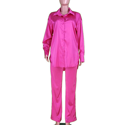 Fall Outfits | Hot Pink Shirt Wide Leg Pants Outfit 2-piece Set