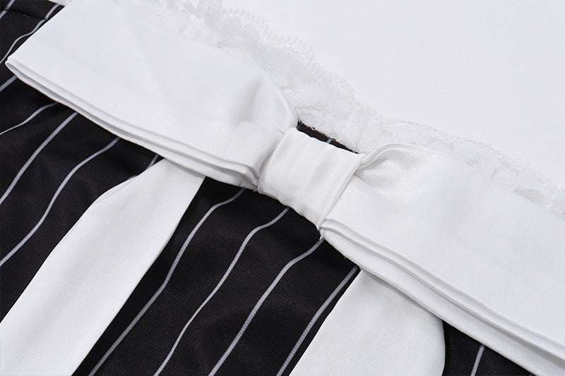 Little Black Dresses | Vertical Stripes White Bow Little Black