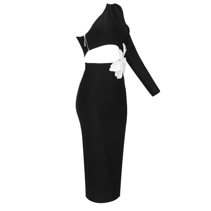 Winter Formal Dresses | One Shoulder Cut Out White Pearl Black Dress