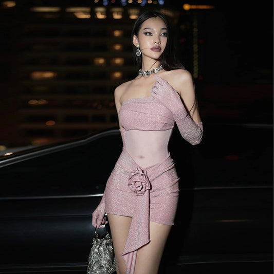 Summer Formal Short Dresses | 2023 Pink Glitter See Through Mini Dress with Opera Gloves Set