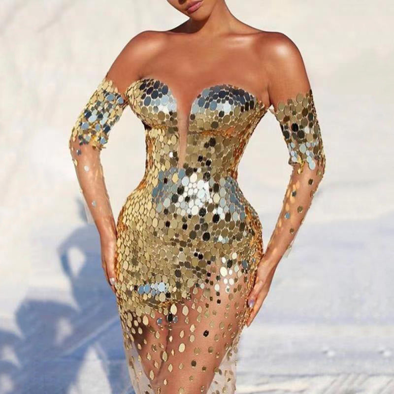 NYE Dresses | Gold Sequined off Shoulder See through Long Fancy Dress