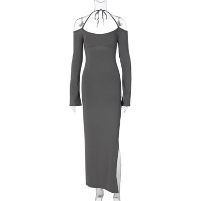 Long Sleeve Dresses | Gray Halter Split Maxi Dress