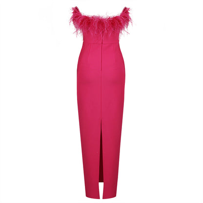 Elegant Summer Dresses | Hot Pink Summer Feathers Tube Top Pencil Dress
