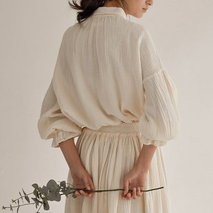Capsule Wardrobe 2024 | Elegant Apricot Long Sleeve Cotton Shirt Skirt Outfit