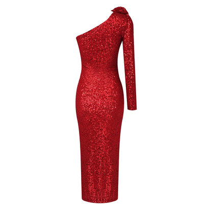Christmas Outfits | 3D Floral Sequin Red One Shoulder Maxi Dress