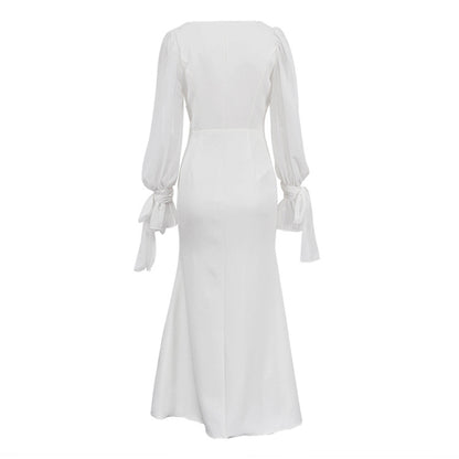 Coquette Aesthetic Outfits | Bows Sheer Puff Sleeves Elegant White Fishtail Dress