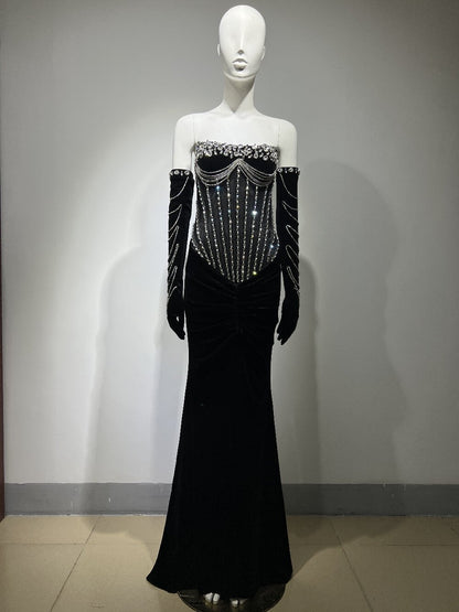 Fashion Outfits 2023 | Runway Rhinestone Corset and Opera Gloves Glitter Black Dress