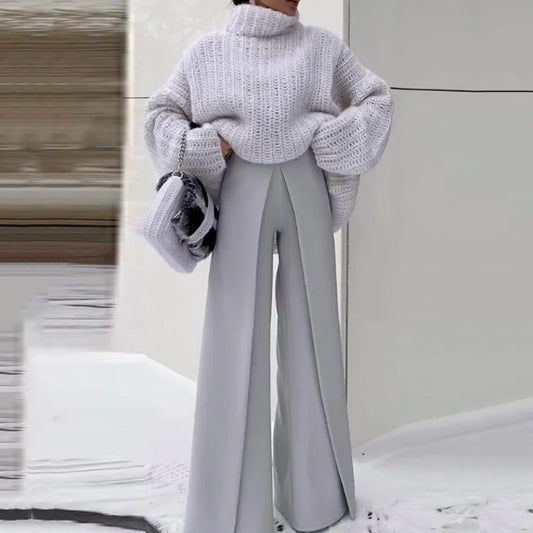Winter Gray Elegance Turtleneck Wide Leg Pants Outfit 2-piece Set