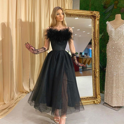 Prom Dresses | Black Aesthetic Chiffon & Feathers Princess Dress