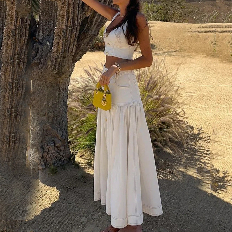 Fall Outfits 2023 |  White Crop Top Maxi Skirt Outfit 2-piece set