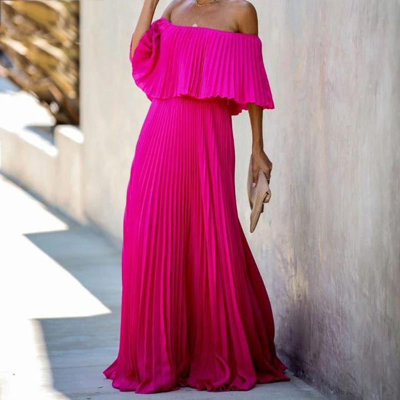 Spring Outfits 2023 | Hot Pink Aesthetic Chiffon Off Shoulder Maxi Dress