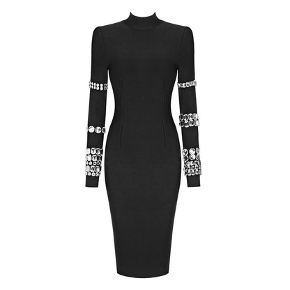 Elegant Dresses | Turtleneck Rhinestone Black Dress