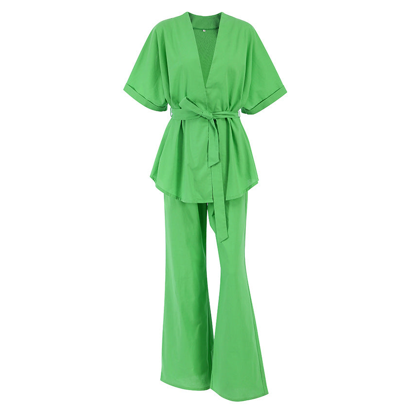 Summer Outfits |  Cotton Kimono Pants Outfit 2-piece set With Belt