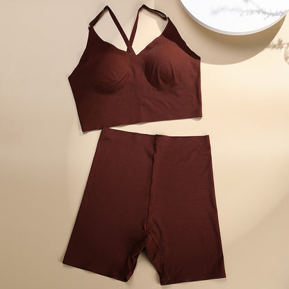 Everyday Outfits | Brown Push Up Sports Bra Set with High Waist Shorts