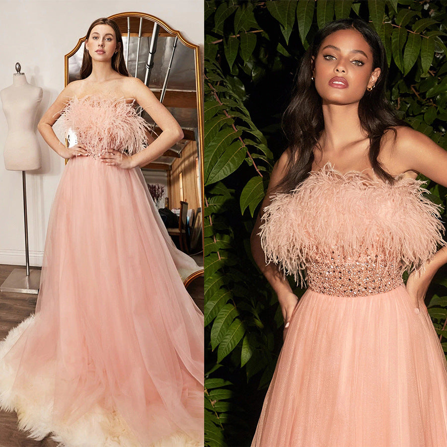 Prom Dresses 2023 | Light Pink Feathers and Glitter Long Prom Dress