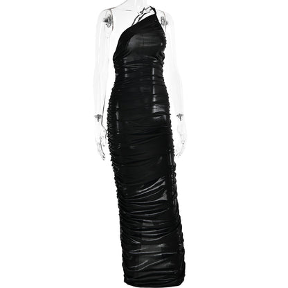 Winter Formal Dresses | Y2K Metallic One Shoulder Pleated Long Fall Dress