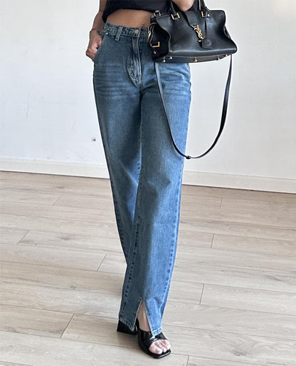 Summer Outfits | Long Leg Effect Visual Front Slit High Waist Jeans